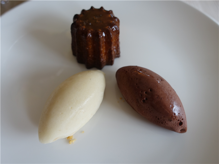 canele with ice cream and sorbet